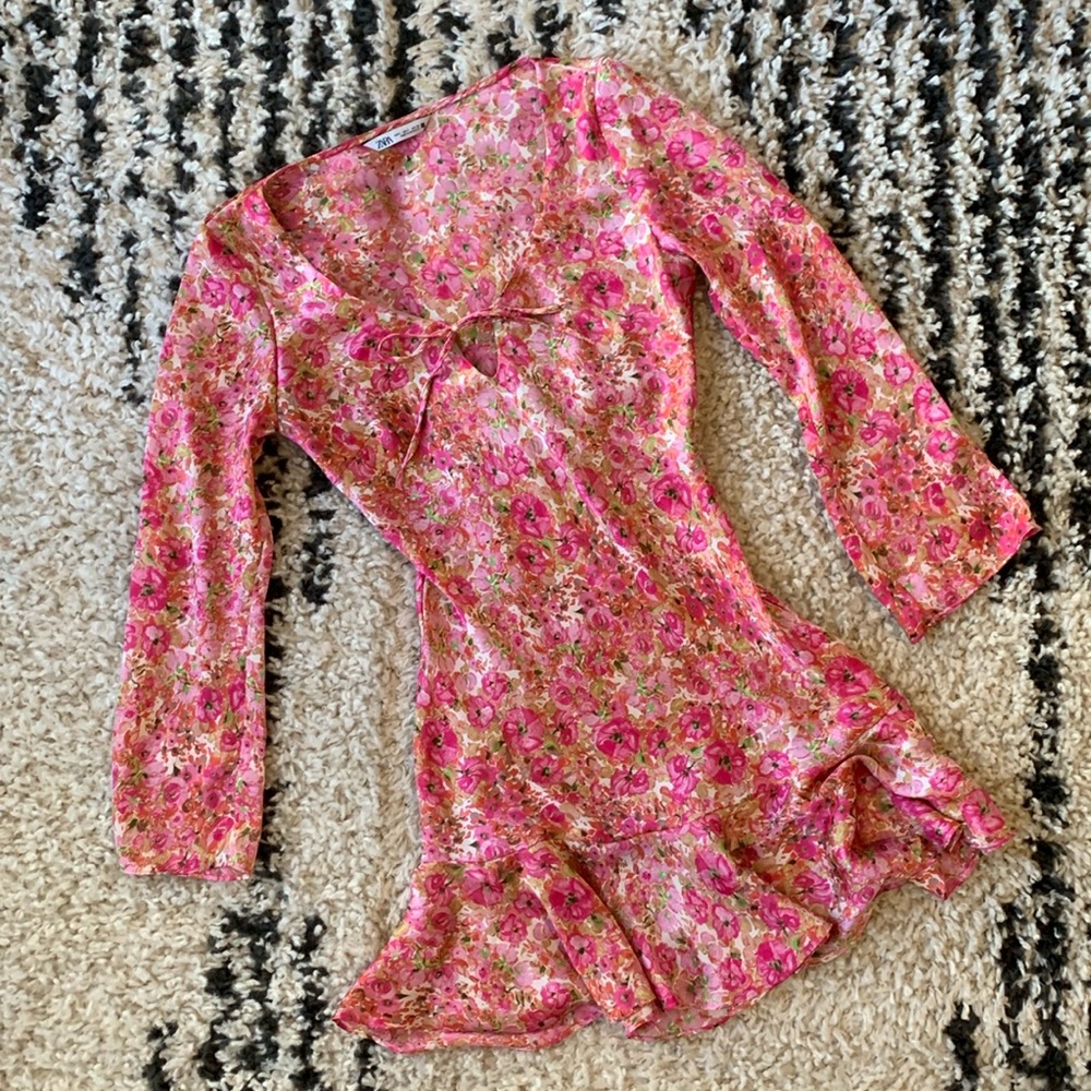 Zara Pink Floral Fit and Flare Mini Dress Ruffle Hem Long Sleeve Size Small